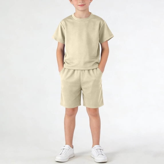 Amidoa Boys Summer Athletic 2 Piece Outfits Solid Color Performance Short Sleeve and Active Casual Short Kids Clothing Set Beige Size 2T