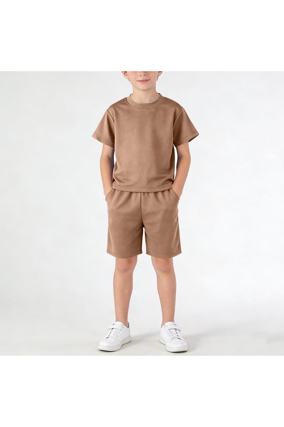 Boys Summer Athletic 2 Piece Outfits Solid Color Performance Short Sleeve and Active Casual Short Kids Clothing Set Coffee Size 8