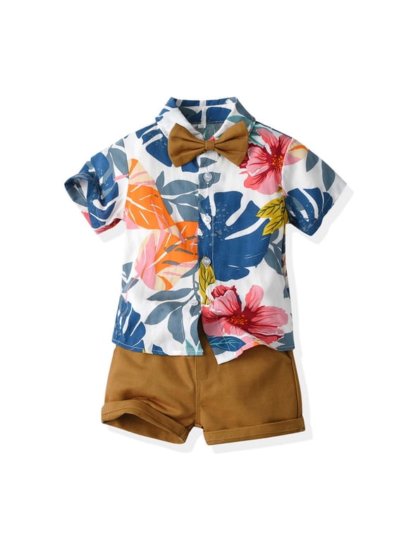 Boys Summer Outfits 2 Piece Short Sleeve Cute Top and Pants Kids Clothing Sets Brown Size 2