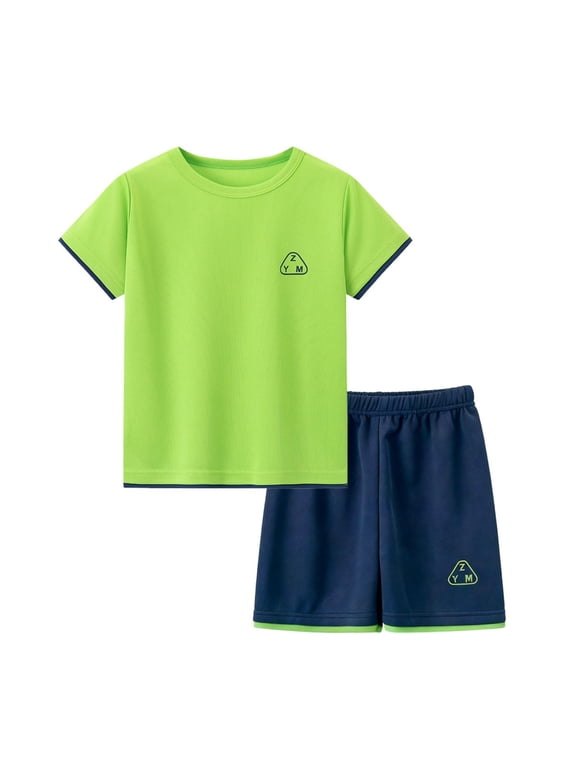 Boys Summer Outfits 2 Piece Sportswear Running Short Sleeve School Uniform Shirt Top Casual Shorts Kids Clothing Sets Green Size 8