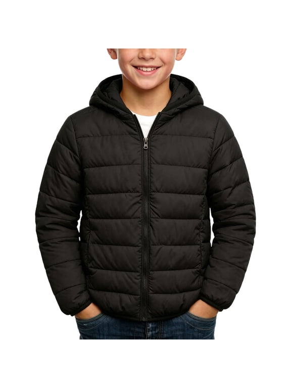 Boys Winter Coat Fleece Lined Warm Hooded Puffer Jacket Zipper Lightweight Kids Waterproof Outerwear Black Size 9-10Years