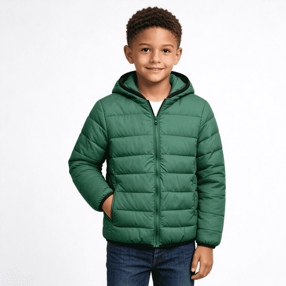 Amidoa Boys Winter Coat Fleece Lined Warm Hooded Puffer Jacket Zipper Lightweight Kids Waterproof Outerwear Green Size 11-12 Years