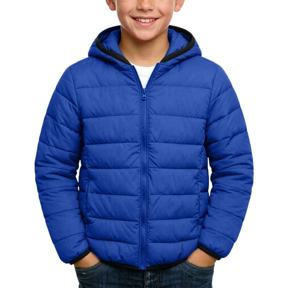 Amidoa Boys Winter Coat Fleece Lined Warm Hooded Puffer Jacket Zipper Lightweight Kids Waterproof Outerwear Navy Size 9-10Years