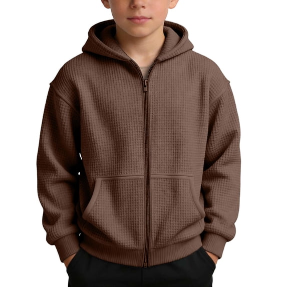Amidoa Boys Zip Up Hoodie Waffle Knit Long Sleeve Hooded Sweatshirt Fashion Tops Kids Fall Winter Clothes with Pockets Brown Size 5 Years