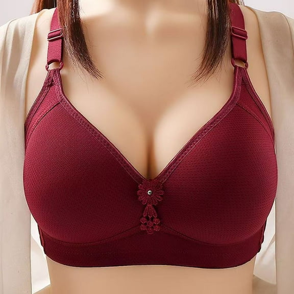 Amidoa Bras for Older Women Large Bust Full-Figure Wire-Free Red Push-up Solid Bra Brasieres for Womens 40/90