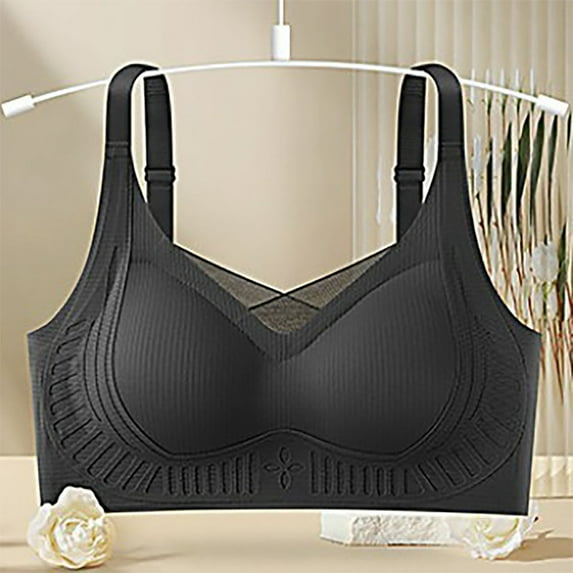 Amidoa Bras for Older Women Pullover Black Sports T-Shirt Solid Push-up Bandeau Brasiers Women L
