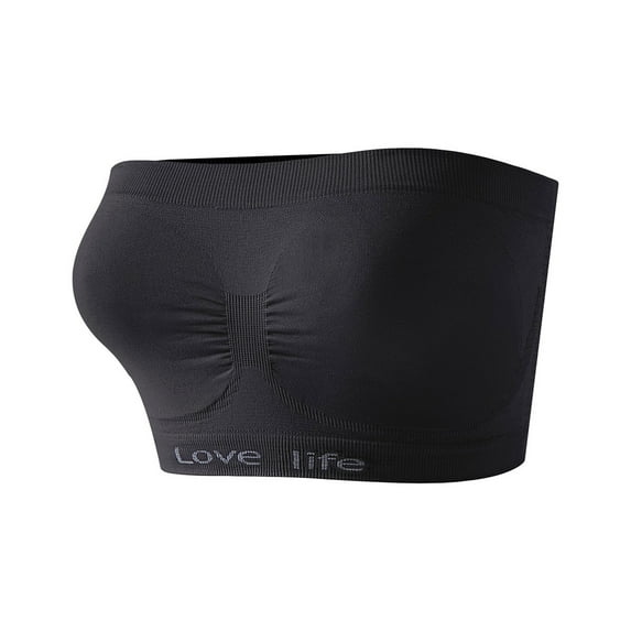 Amidoa Bras for Women Black Strapless Push-up Sports Stretch Solid Bandeau Bralettes for Women L