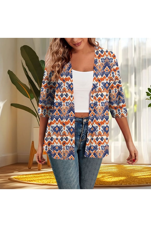 Brown Womens Cardigans 3/4 Sleeve Open Front Lightweight Summer Retro Graphic Long Cardigans Womens Sweaters S