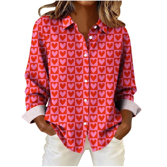 Amidoa Business Work Womans Tops Button Down Red Valentines Shirts Teacher Collared Heart Tops Shirts for Women XL