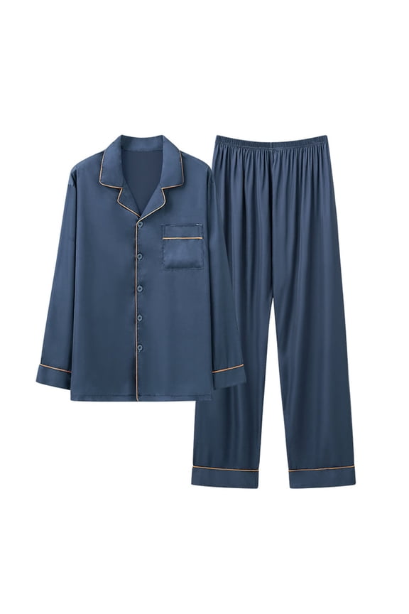 Button Down 2 Piece Sets for Women Blue Sheer Loose Pants Fall Solid Collared Pajamas Women Sleepwear L