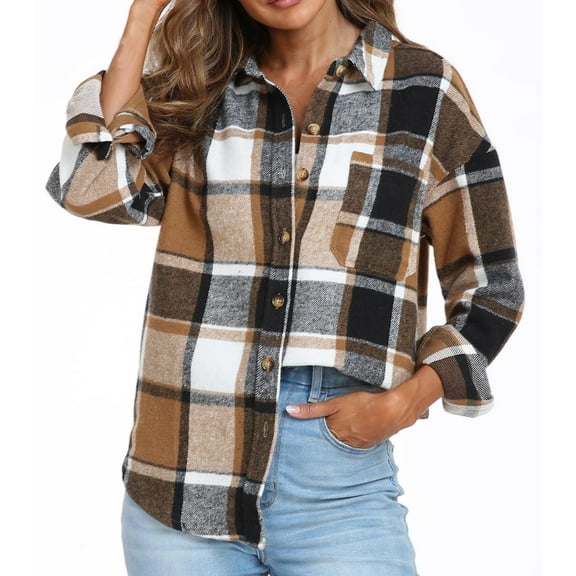 Amidoa Button down Womens Coats Plus Size Brown Shacket Casual Lapel Collar Plaid Clothes Jackets for Women M