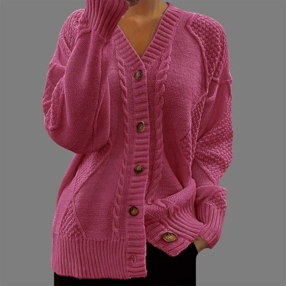 Amidoa Button up Sweaters for Women Trendy Long Sleeve Cardigan Pink Cable Knit V-Neck Cardigans Cardigans for Women S