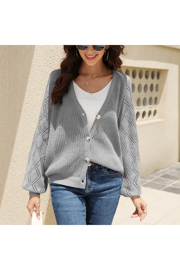 Button up Women Sweater Long Sleeve Gray Cardigan Solid Cutout Lightweight Cardigans Women's Cardigans S