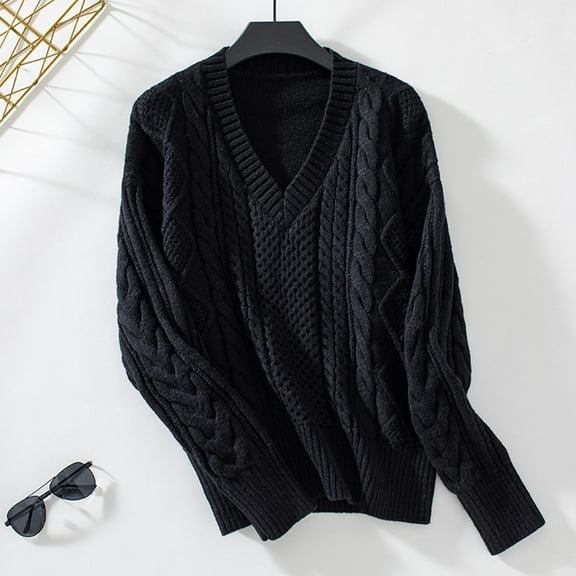 Amidoa Cable Knit Sweater Tops for Women Black Long Sleeve V-Neck Lightweight Fall Sweaters Womens Cardigan Sweaters L
