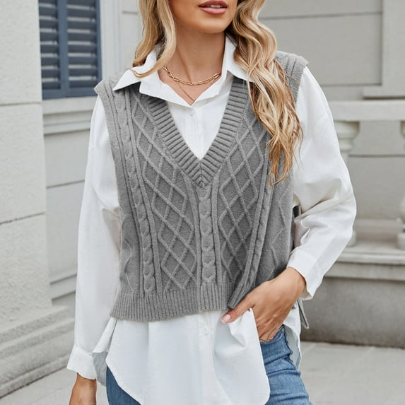 Amidoa Cable Knit Womens Sweaters Sleeveless V-Neck Gray Lightweight Pullover Sweater Vests Womens Sweaters Cardigan XL