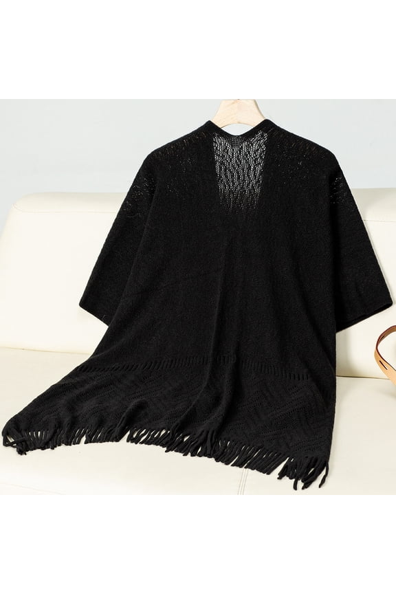 Cardigan Sweaters for Women 2025 Black Open Front 3/4 Sleeve Long Cutout Fringe Shawls Womens Cardigans Free Size