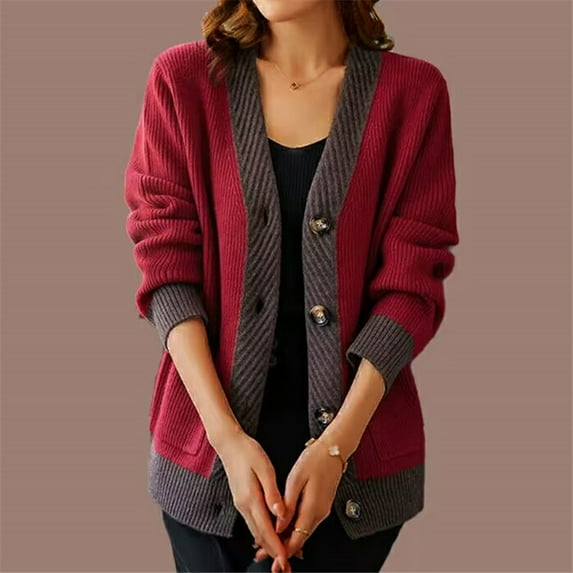 Amidoa Cardigan Sweaters for Women 2025 Long Sleeve Red Button up Winter Colorblock Oversized Knit Cardigans for Women M