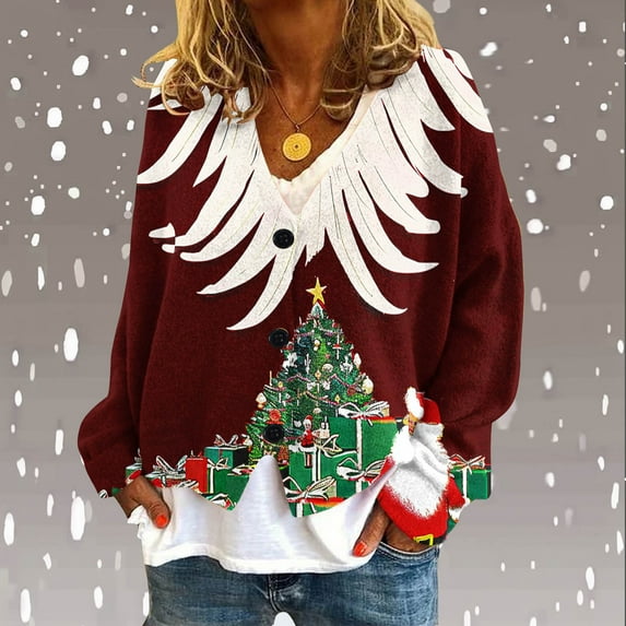 Amidoa Cardigan Sweaters for Women Christmas Red Long Sleeve Button up Knit V-Neck Cardigans Womens Sweaters Cardigan L