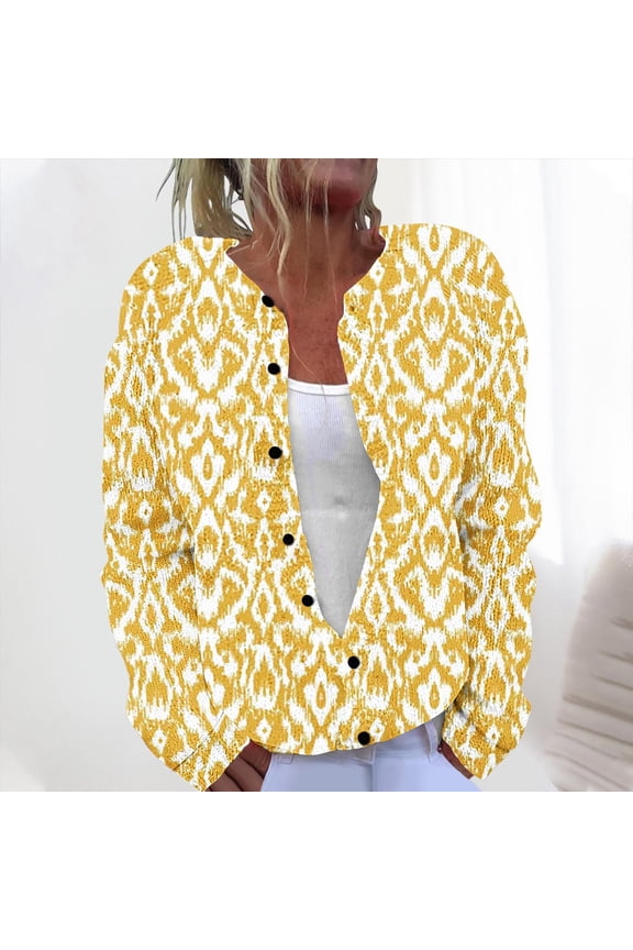 Cardigan Sweaters for Women Yellow Long Sleeve Button up Knit Graphic Retro Cardigans Womens Cardigan Sweaters L