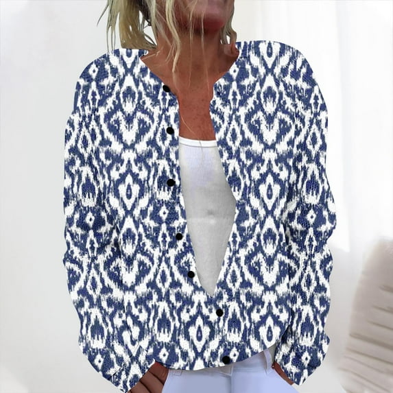 Amidoa Cardigan Women Sweater Button up Long Sleeve Blue Retro Graphic Knit Cardigans Womens Cardigan Sweaters L