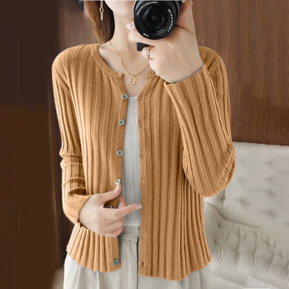 Amidoa Cardigan Women's Sweaters Button up Long Sleeve Yellow Knit Solid Light Cardigans Women's Cardigans/Sweaters L