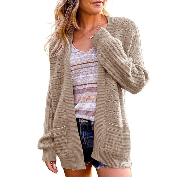 Amidoa Cardigan Women's Sweaters Knit Yellow Long Sleeve Solid Long Pockets Open Front Cardigans Womens Cardigans M