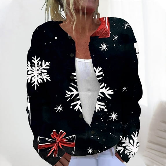 Amidoa Cardigan Women's Sweaters Long Sleeve Christmas Graphic Button up Knitted Cardigans Cardigans for Women Trendy L