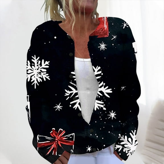 Amidoa Cardigan Women's Sweaters Long Sleeve Christmas Graphic Button up Knitted Cardigans Cardigans for Women Trendy L