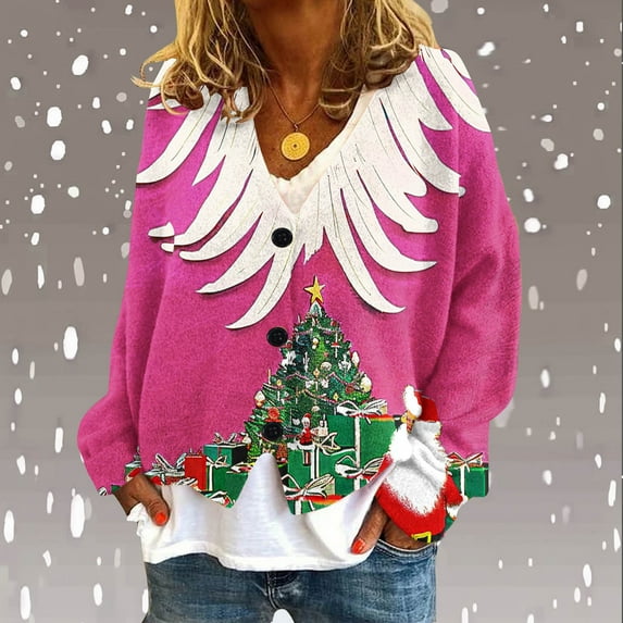 Amidoa Cardigan Womens Sweater Christmas Long Sleeve Button up Graphic V-Neck Knit Cardigans Womens Sweaters Cardigan M