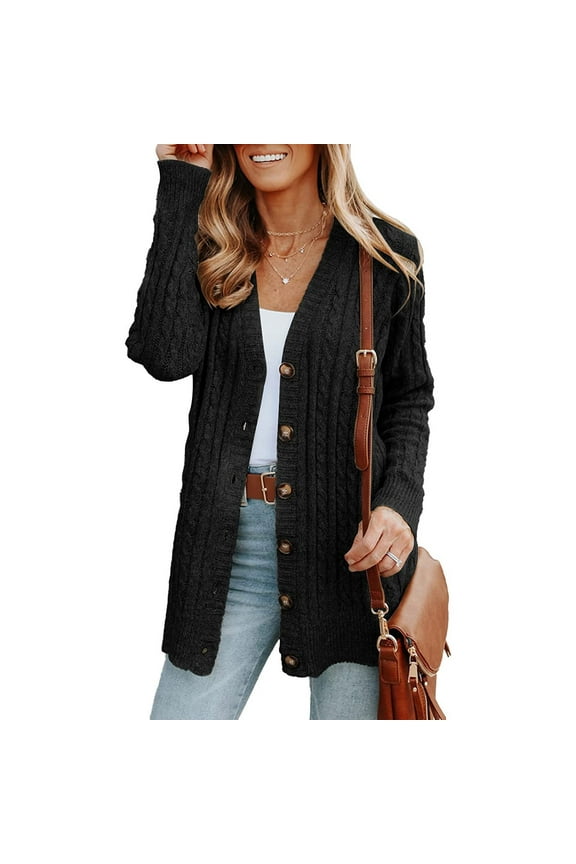 Cardigan Womens Sweaters Black Long Sleeve Cable Knit Long Winter Button up Solid Cardigans Women's Cardigans M
