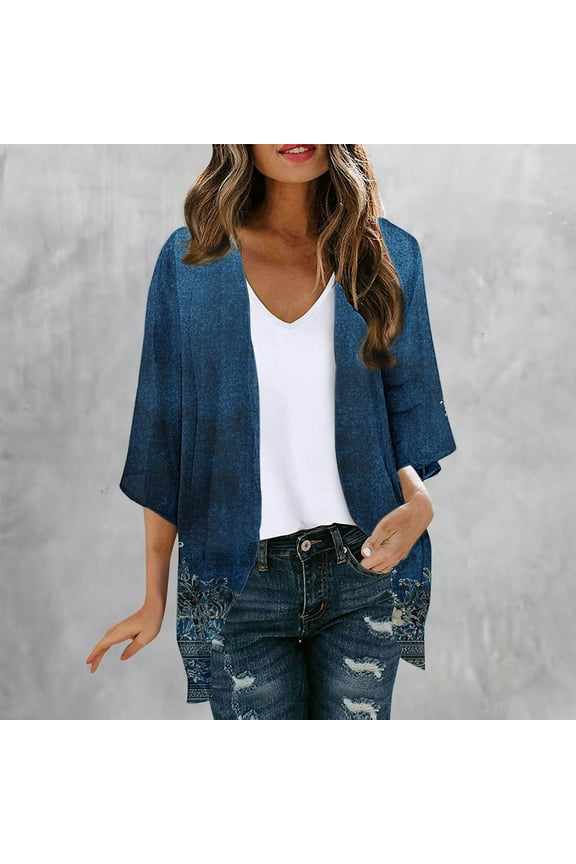 Cardigans for Women Blue Kimono Retro 3/4 Sleeve Light Graphic Open Front Chiffon Cardigans Womens Sweaters XL