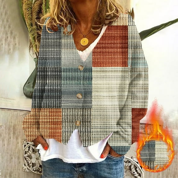Amidoa Cardigans for Women Button up Cardigan Long Sleeve Brown Plus Size Plaid Fleece Cardigans Women's Cardigans M