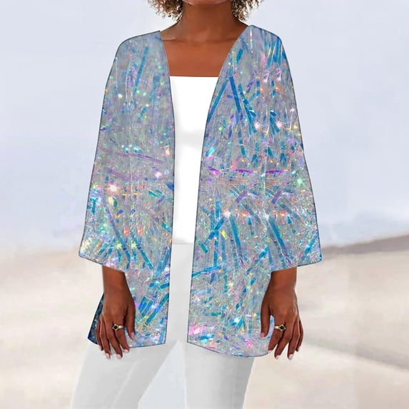 Amidoa Cardigans for Women Lightweight Long Sleeve Blue Sparkly Long Summer Open Front Cardigans Sweaters for Women M