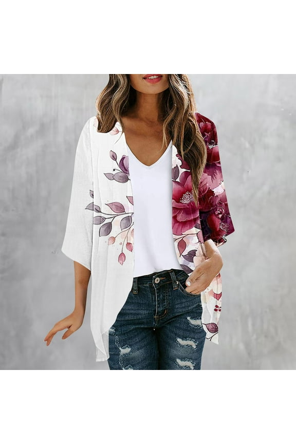 Cardigans for Women Trendy Light 3/4 Sleeve Kimono Boho Chiffon Floral Open Front Cardigans Womens Sweater XXXL