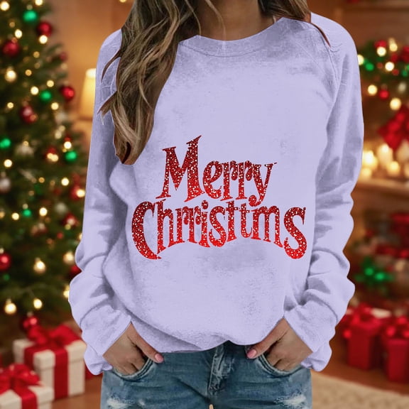 Amidoa Casual Sweatshirts for Women Long Sleeve Boat Neck Purple Christmas Sweatshirts Comfort Graphic Women T Shirt L
