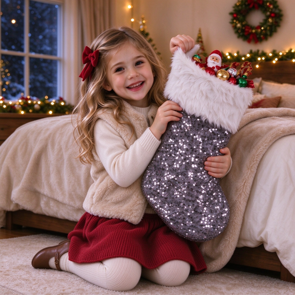 Amidoa Christmas Stockings Soft Plush Cuff Xmas Stockings Sequin Fireplace Stocking Decorations for Family Holiday Season Decor Gray