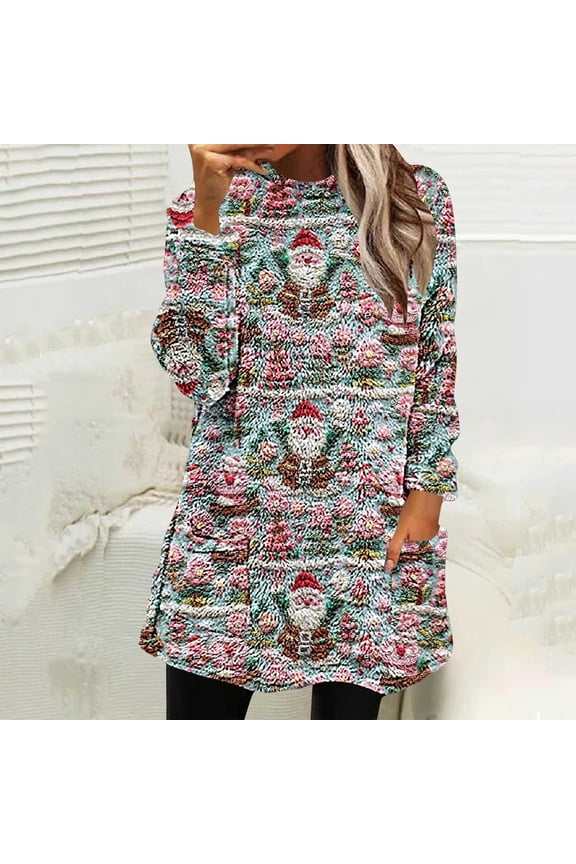 Christmas Womans Tops Long Sleeve Flannel Winter Tunic Dressy Santa Prints Fuzzy Blouses Shirts for Women L
