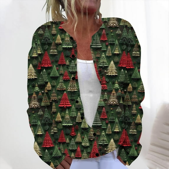 Amidoa Christmas Womens Sweaters Green Cardigan Long Sleeve Graphic Knit Plus Size Cardigans Womens Sweaters Cardigan L