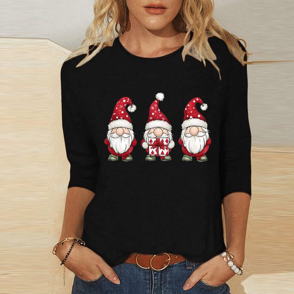 Amidoa Christmas Womens Tops Black 3/4 Sleeve Boat Neck Basic Tee Fashion Santa Prints Blouses Ladies Blouses L
