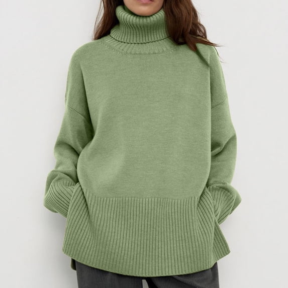 Amidoa Chunky Womens Sweaters Long Sleeve Turtleneck Green Plus Size Side Split Warm Sweaters Women's Sweaters S