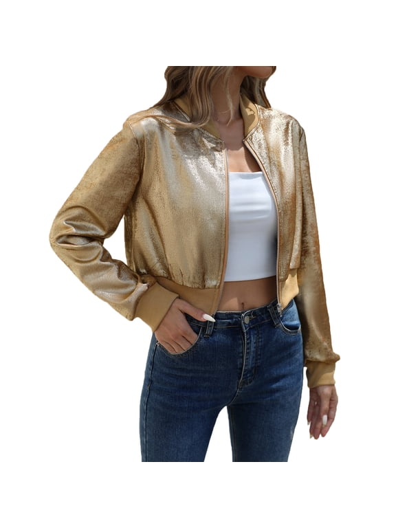 Coats for Women Bomber Zip Front Gold Cropped Jackets Fashion Western Outerwear Womens Jackets Trendy S