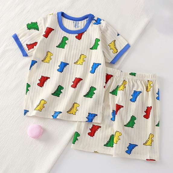 Amidoa Cotton Boys Girls 2 Piece Outfits Summer Clothes T Shirt Short Sleeve and Casual Short Kids Clothing Sets Blue Size 6
