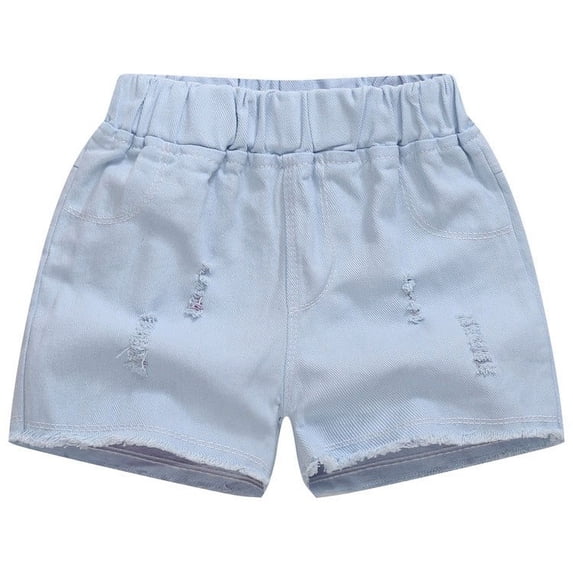 Amidoa Cotton Girl Jean Shorts Elastic Waist With Pockets Cute Stretch Straight Leg Denim Shorts,Light Blue,7 Years
