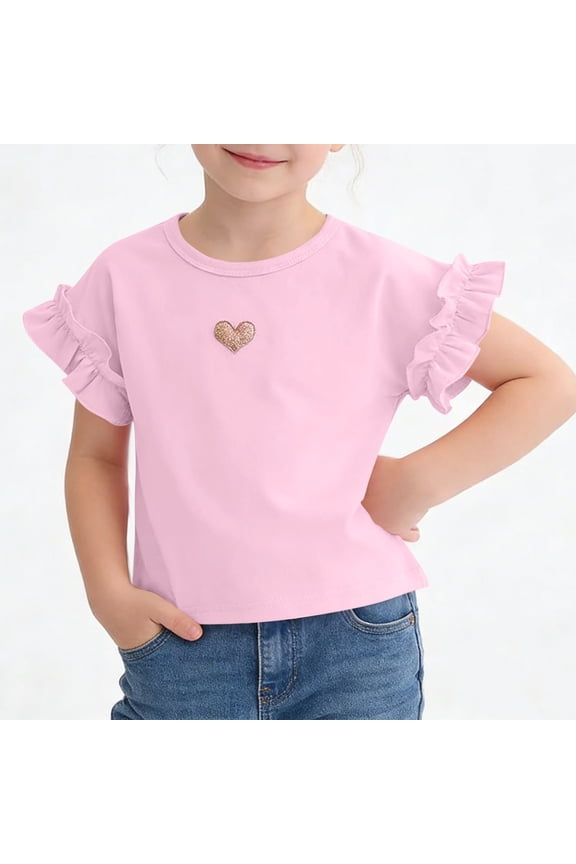 Cotton Girls Short Sleeve Summer Solid Shirts T Shirts Tops Crewneck Kids Basic Casual Tees,Pink,7-8 Years