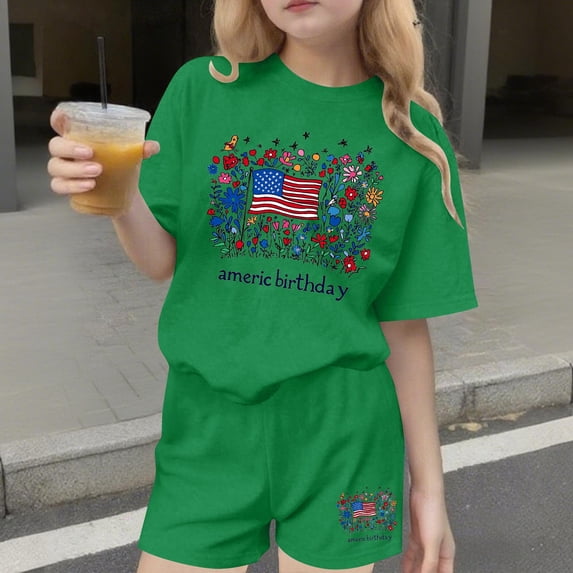 Amidoa Cotton Girls Summer Outfits Short Sleeves Print T-Shirts and Summer Casual Elastic Waist Kids Short Clothing Set Green Size 5T
