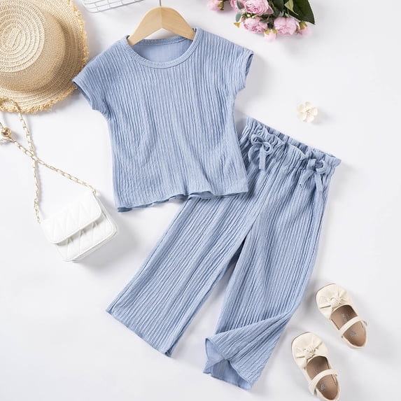 Amidoa Short Sleeves Girls Summer Outfits Cotton Solid Color T-Shirts and Summer Kids Casual Short Clothing Set Light Blue Size 3T