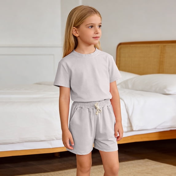 Amidoa Girls Summer Outfits Short Sleeves T-Shirts and Summer Kids Casual Elastic Waist Clothing Set Gray Size 4T