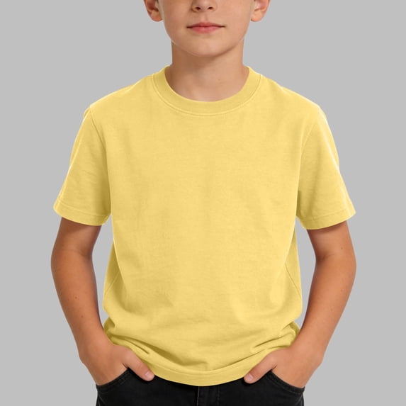 Amidoa Crewneck Boys Short Sleeved Solid Color T-Shirt Cotton Summer Casual Tee Yellow