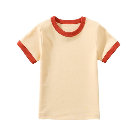 Amidoa Crewneck Girls Short Sleeve Cotton Solid Color T-shirt Casual Cute Soft Summer Tee Beige,6 Years