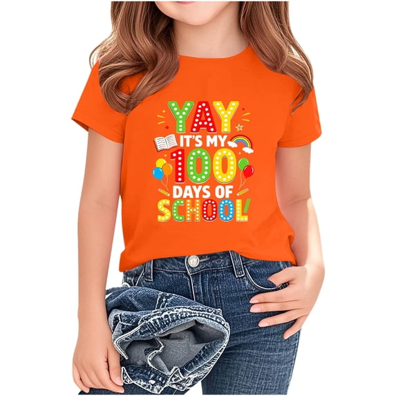Amidoa Crewneck Girls Short Sleeve Graphic Printed Summer Cute Tops Kids Casual Tees,Orange,2-3 Years